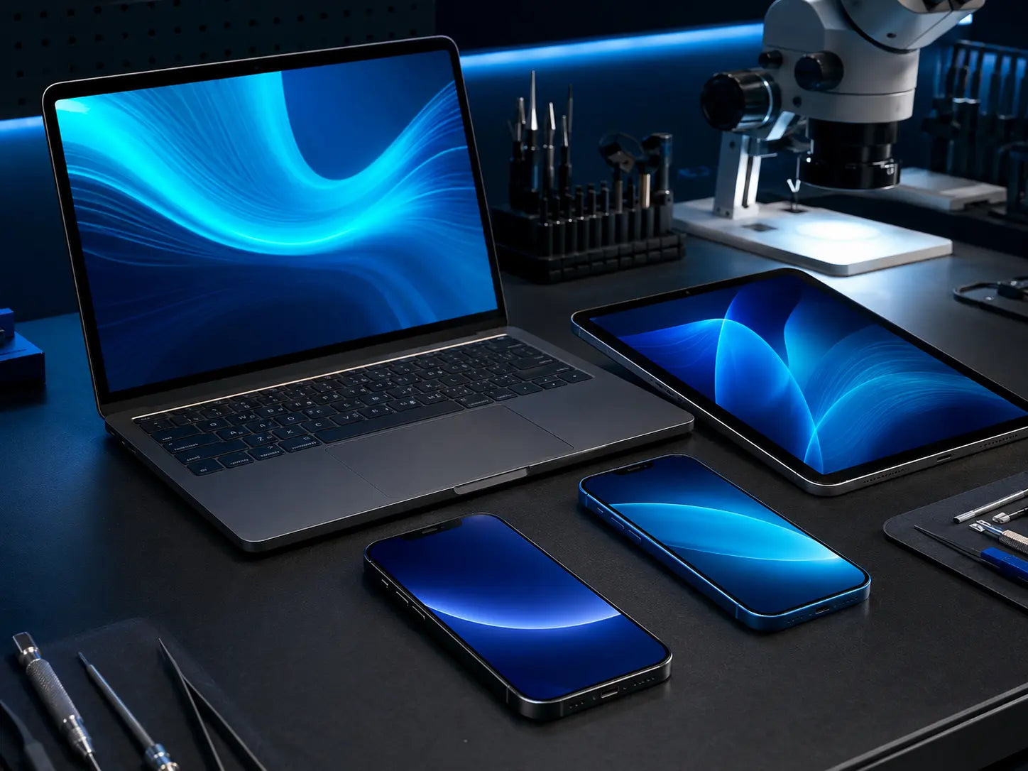 Quality-inspected phones, laptop and tablet at a professional electronics testing bench