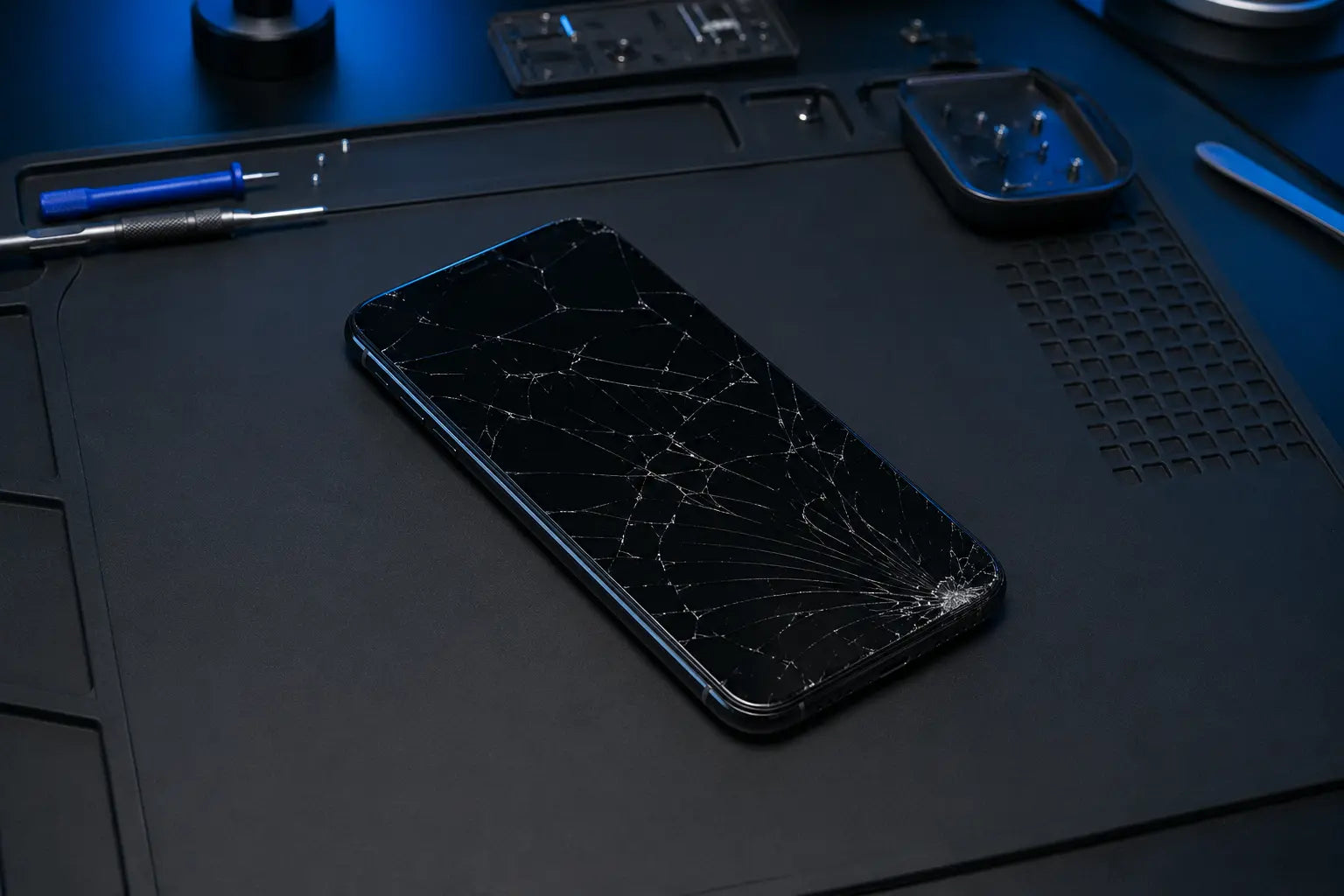 Smartphone before repair with a heavily cracked screen