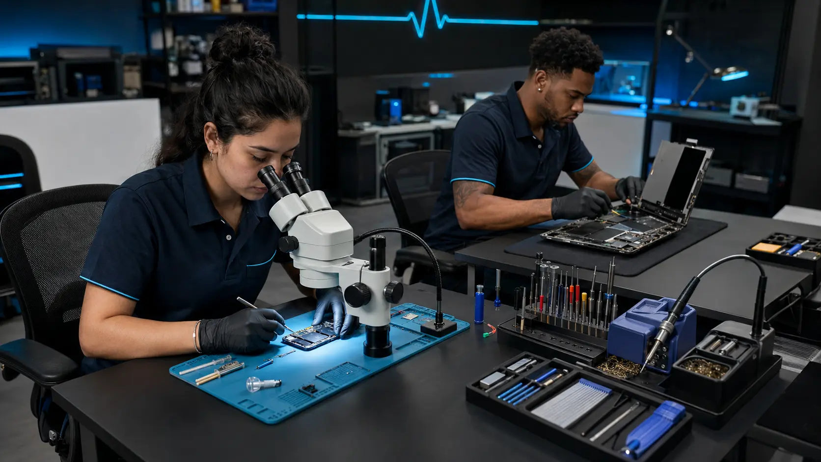 Electronics technicians repairing a phone and laptop inside a modern Dallas repair lab