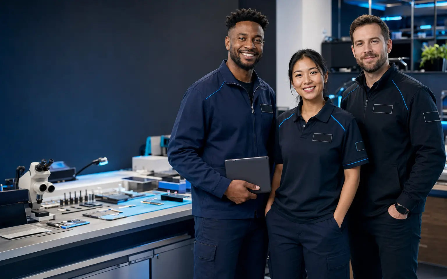 Electronics repair professionals in a modern repair lab