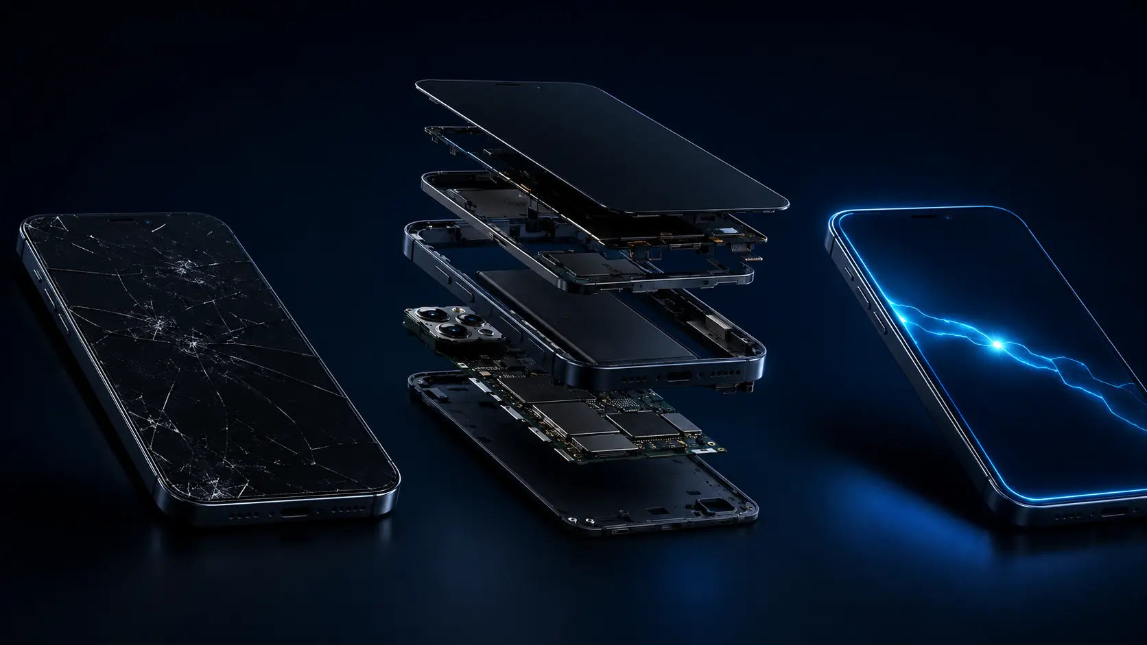 Three-dimensional smartphone components transitioning from damaged to restored