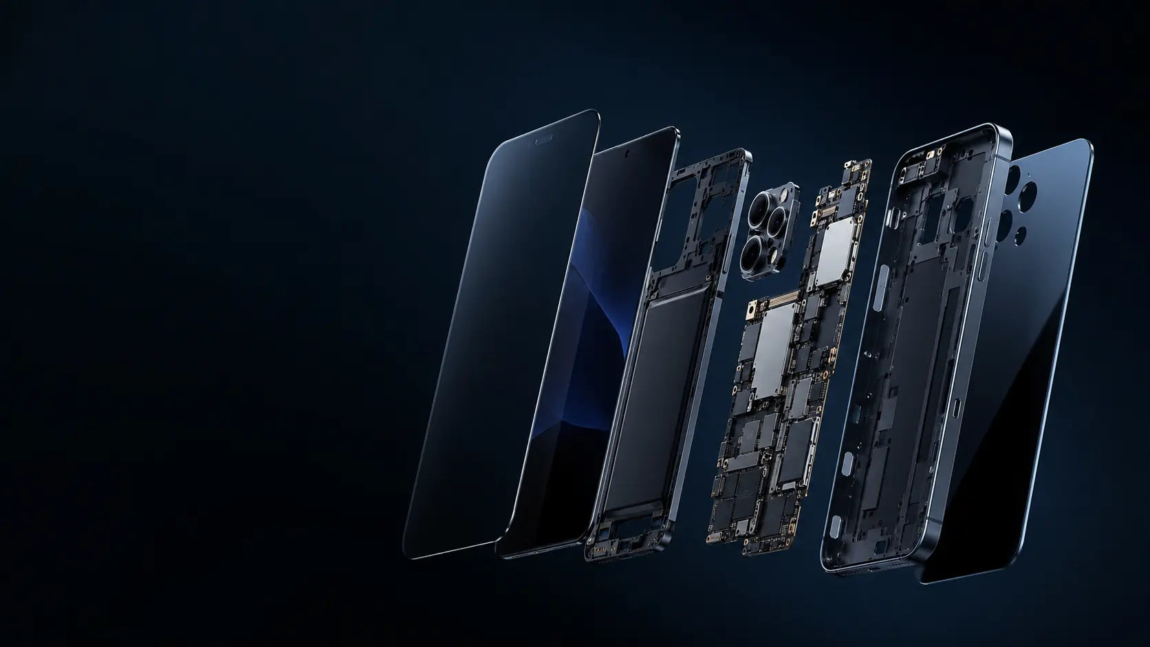 Exploded-view visualization of a smartphone screen, battery, camera, logic board and frame